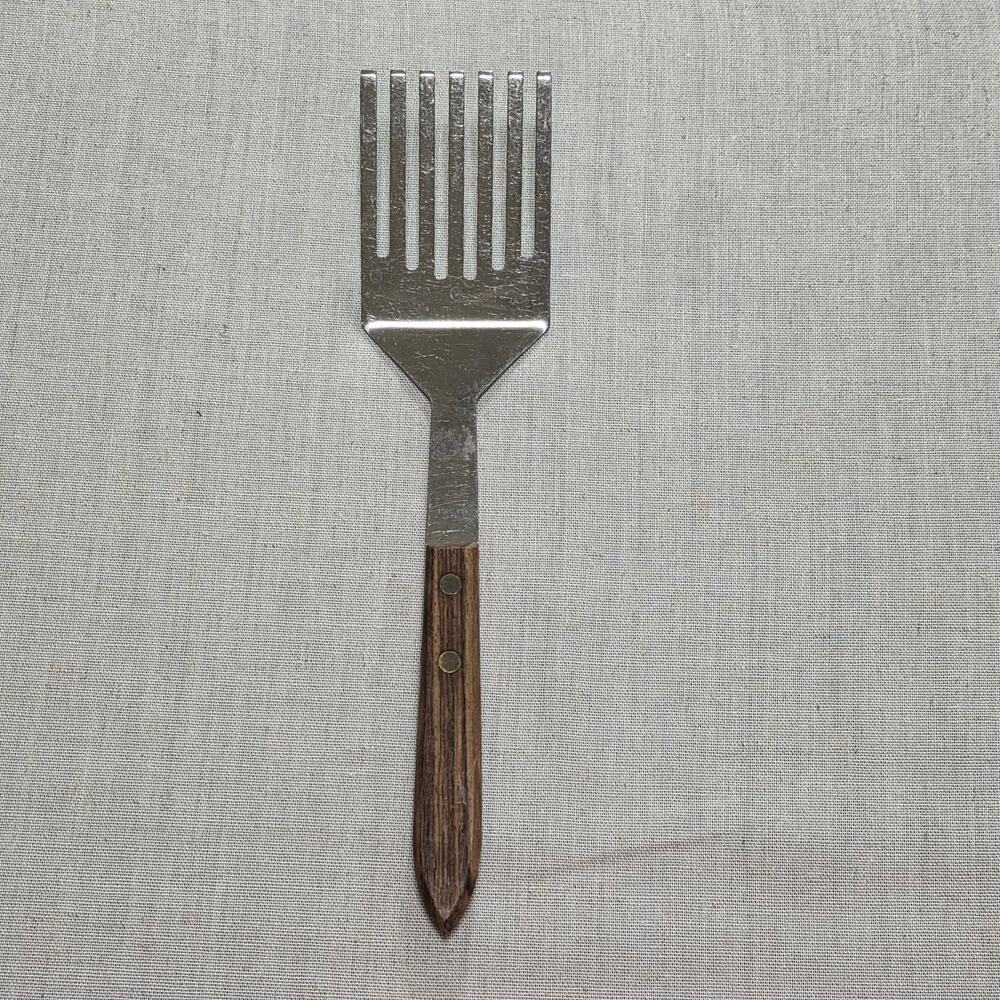 Vtg 10 ½” Stainless Slotted 7 Tang Wood Handle Spatula Pastry Fork Flipper Japan